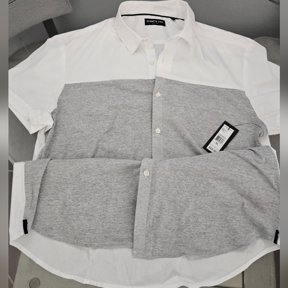 Men's Kenneth Cole White Gray Men's Button Up Shirt SS Color Block